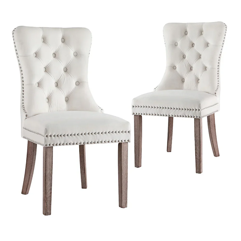 1 Set of 2  Dining Chairs Beige Velvet