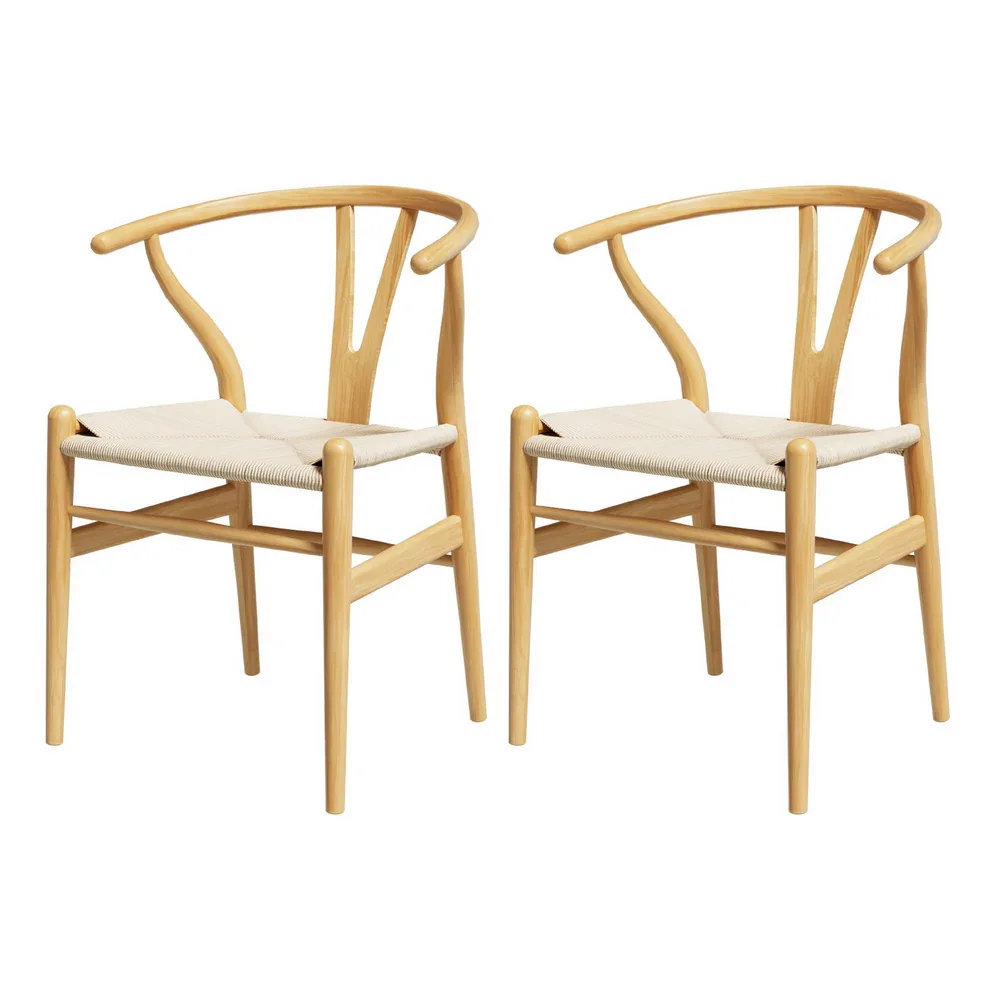 1 Set of 2  Dining Chairs Wooden Rattan Seat Wishbone Back