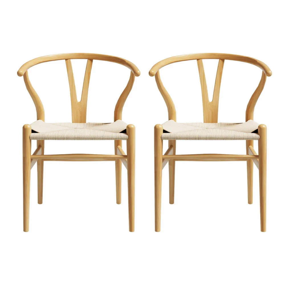 1 Set of 2  Dining Chairs Wooden Rattan Seat Wishbone Back - Image 3