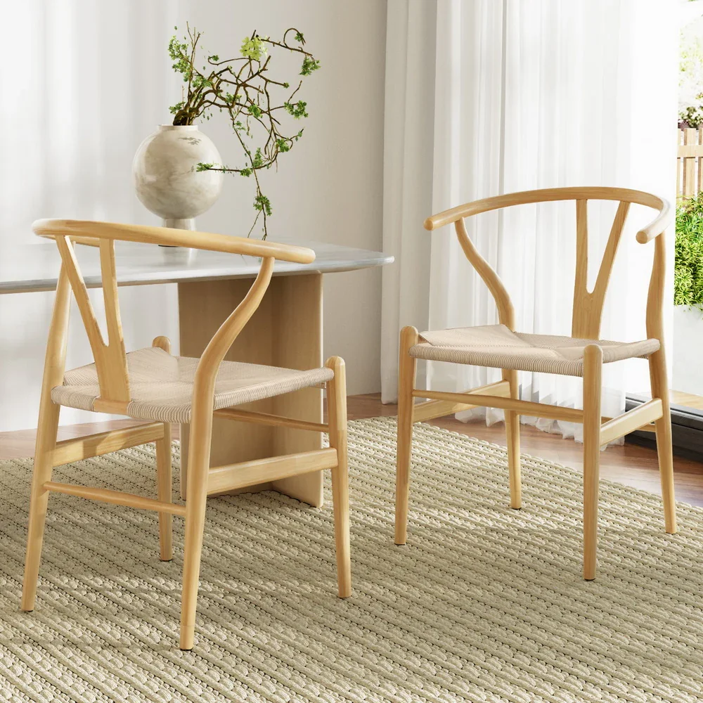1 Set of 2  Dining Chairs Wooden Rattan Seat Wishbone Back - Image 7