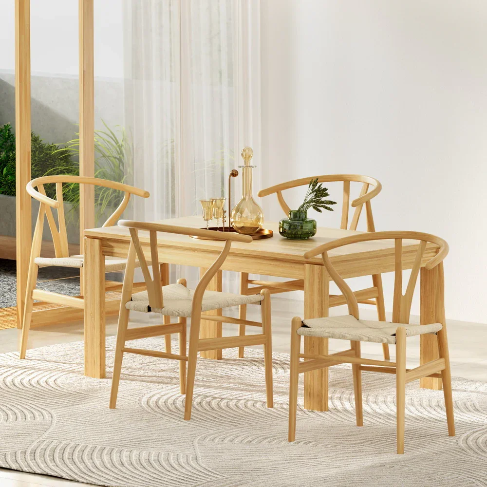 1 Set of 4  Dining Chairs Wooden Rattan Seat Wishbone Back - Image 7
