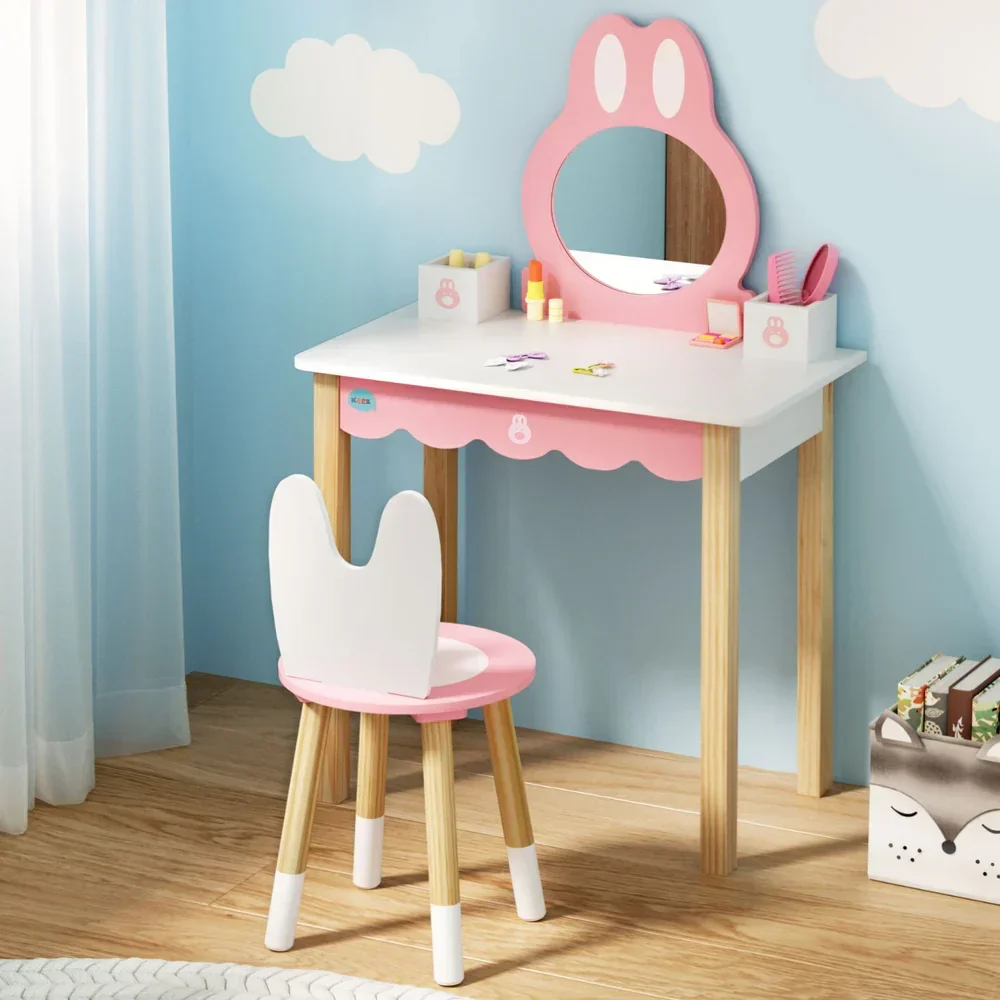 1 Set of  Kids Dressing Table Wooden Bunny Pink