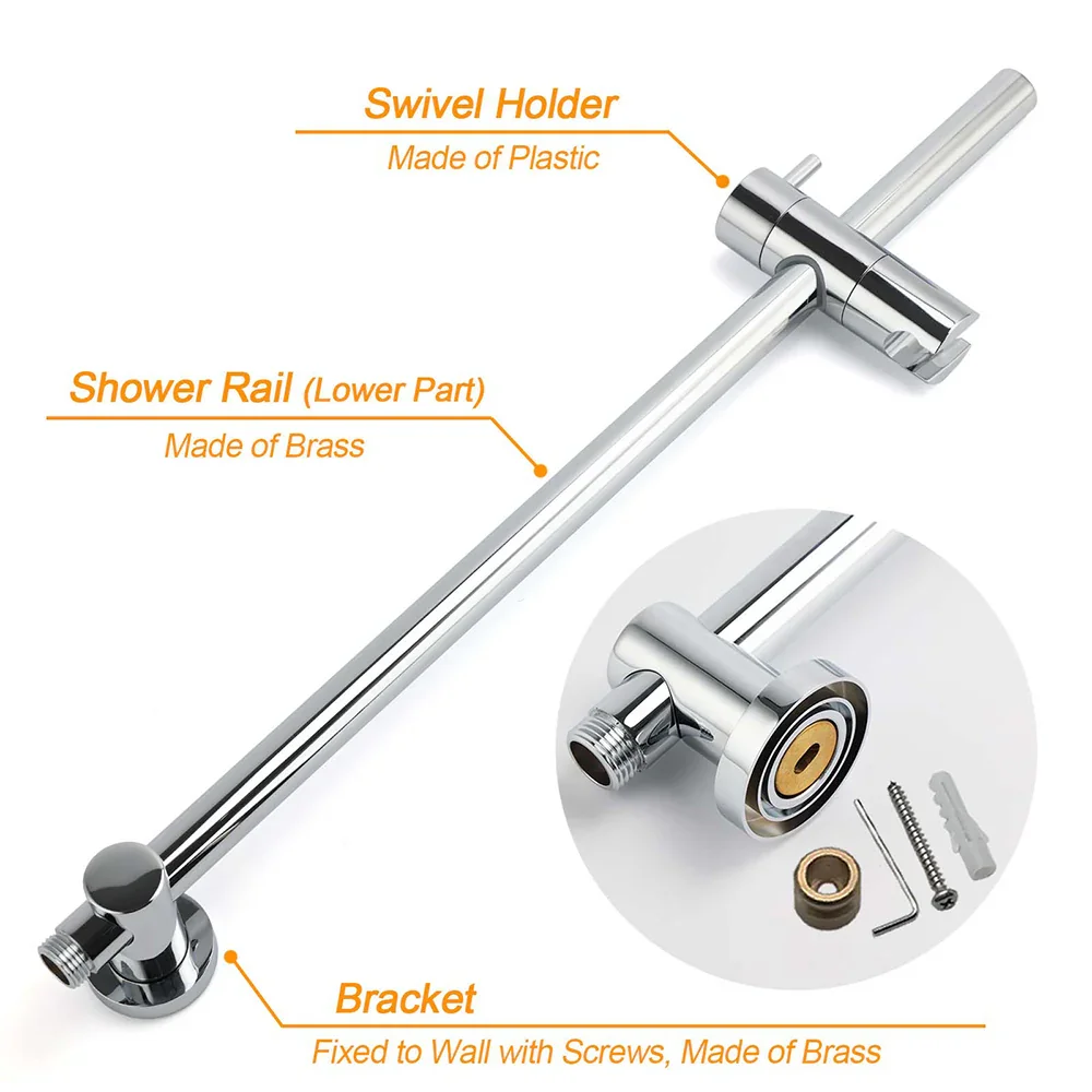 12" Rainfall + Brass Handheld Twin Shower Heads Rail Diverter Arm Round Set - Image 5
