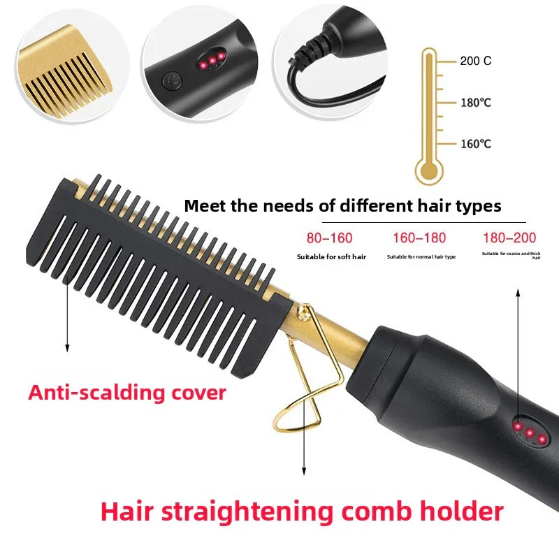 2-in-1 Electric Hot Comb Hair Straightener & Curler Titanium Alloy Heating Fast Heat Up Anti-Scald Pressing Comb with AU Plug 3 Temp Settings Gold - Image 5