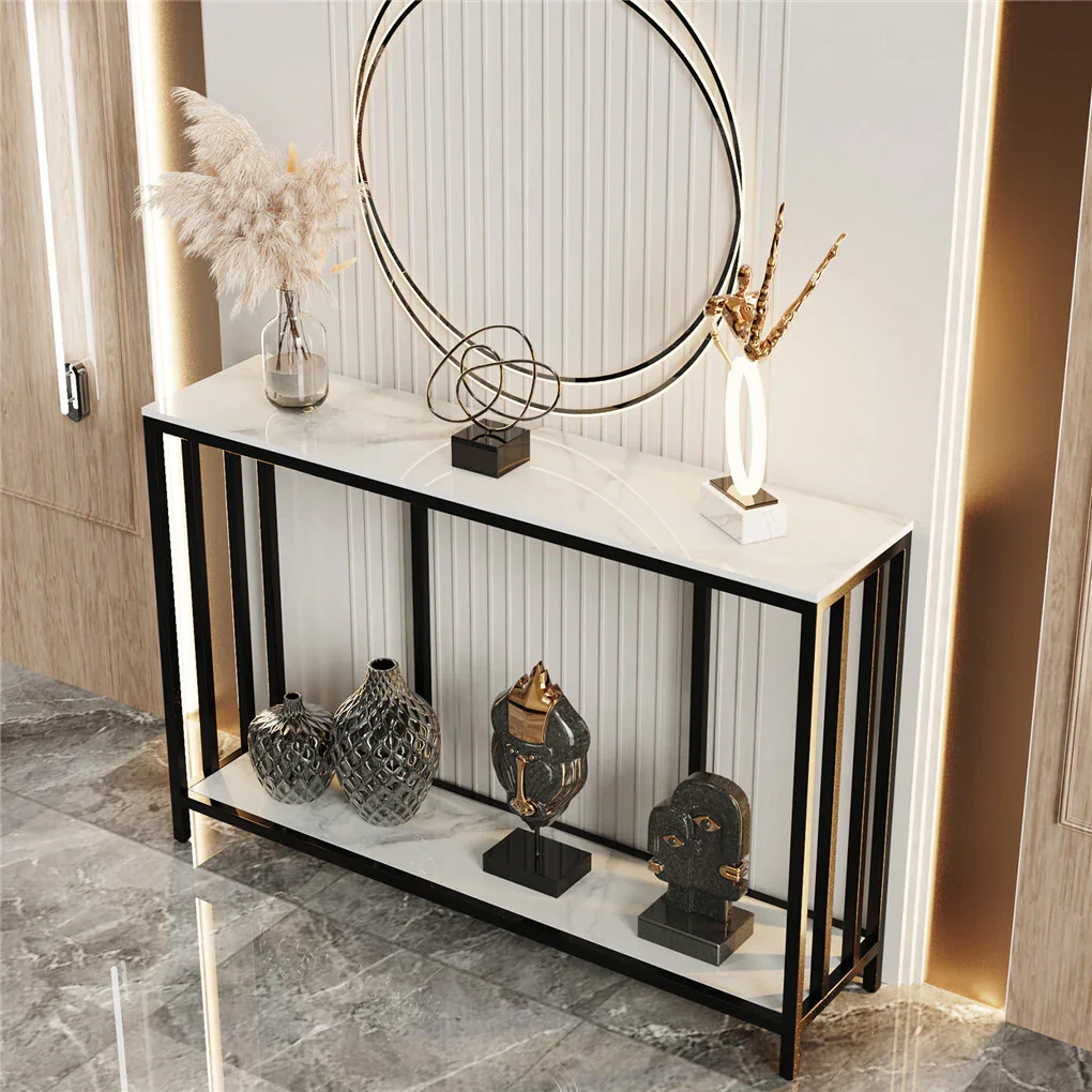 2-Tier White Marble Entryway Console Table Extra Long Foyer Couch Table - Image 2
