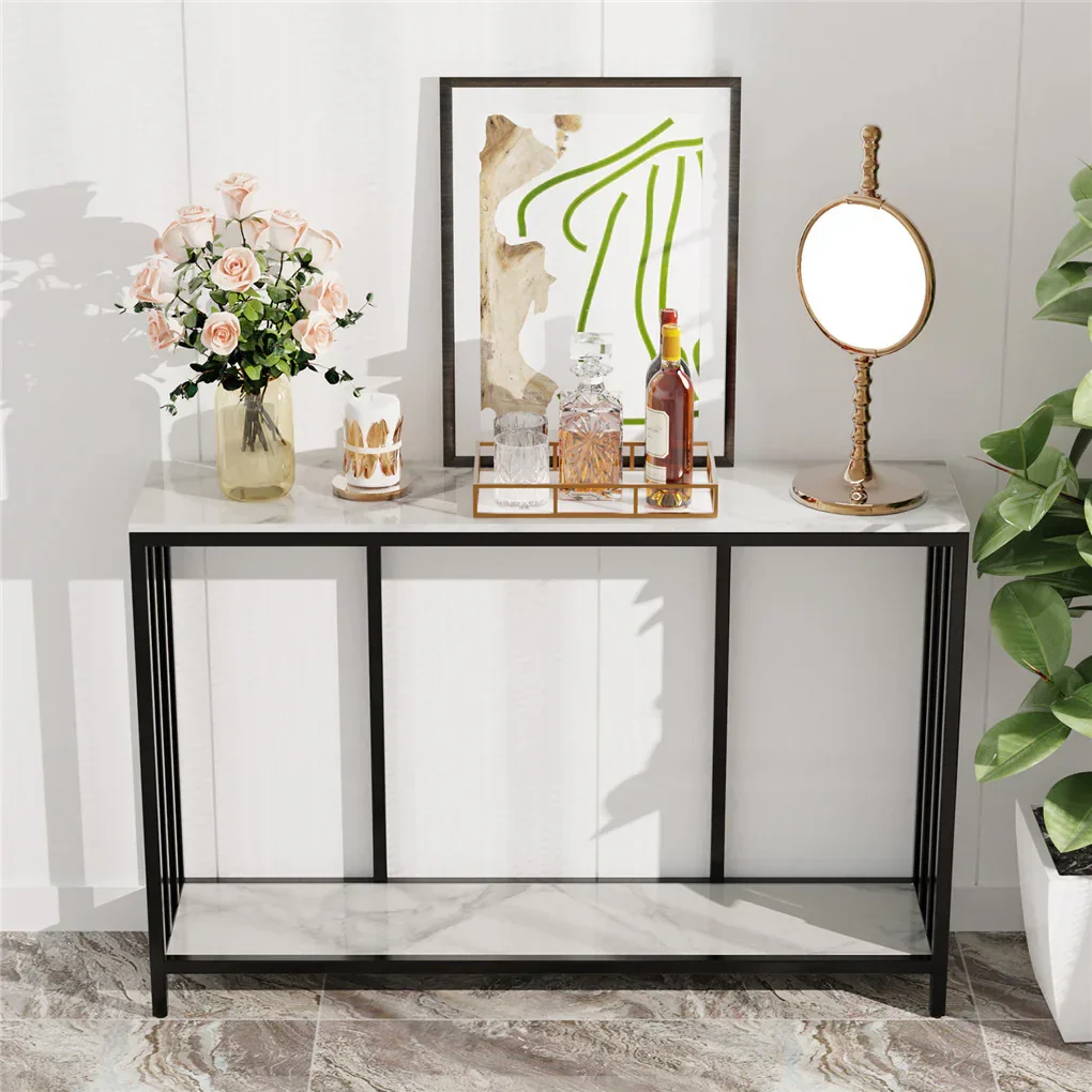 2-Tier White Marble Entryway Console Table Extra Long Foyer Couch Table - Image 4