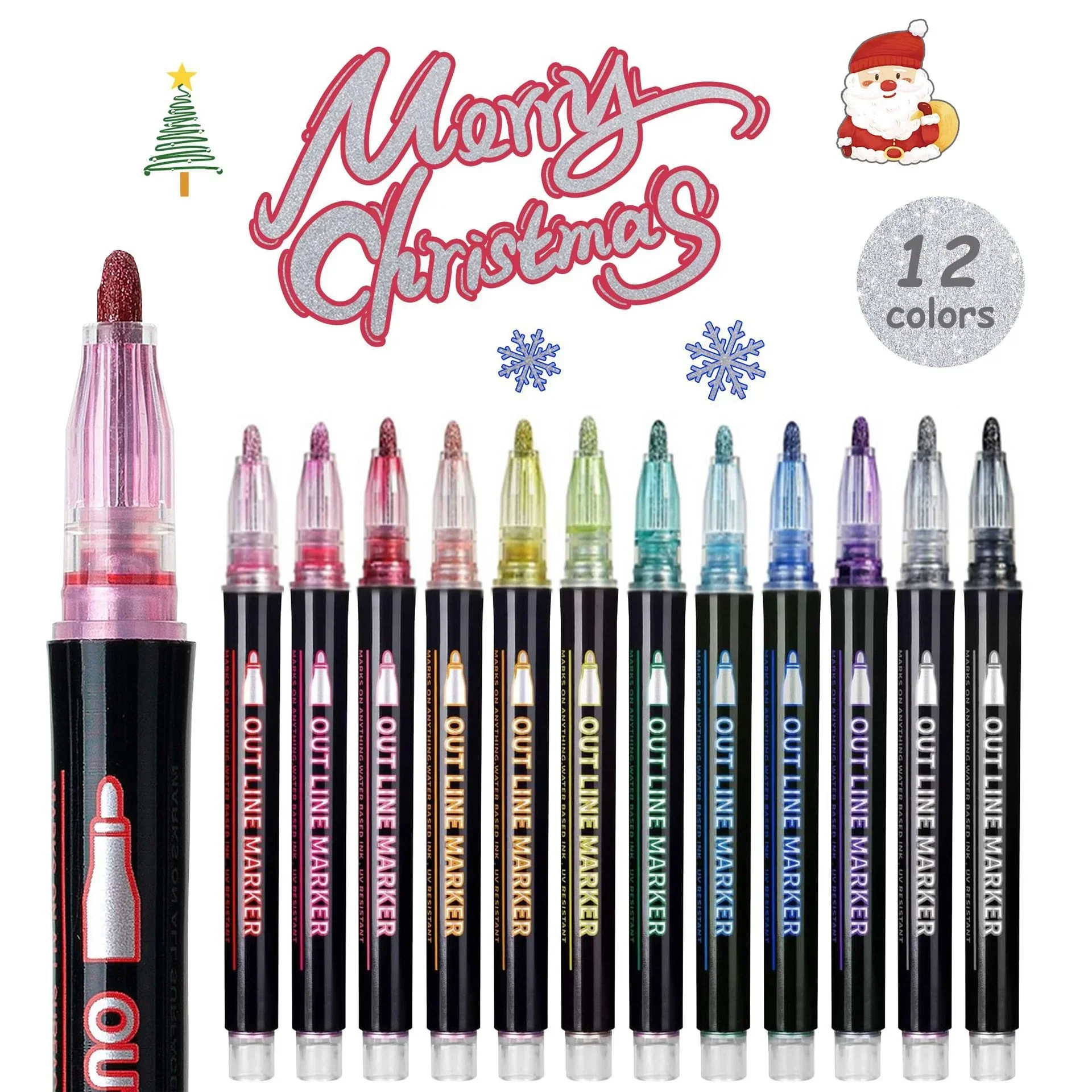 24 Piece Double Line Outline Pen Set Glitter Paint Markers 12 Colors Self-Outline Metallic Shimmer Pens for DIY Crafts Cards - Image 4