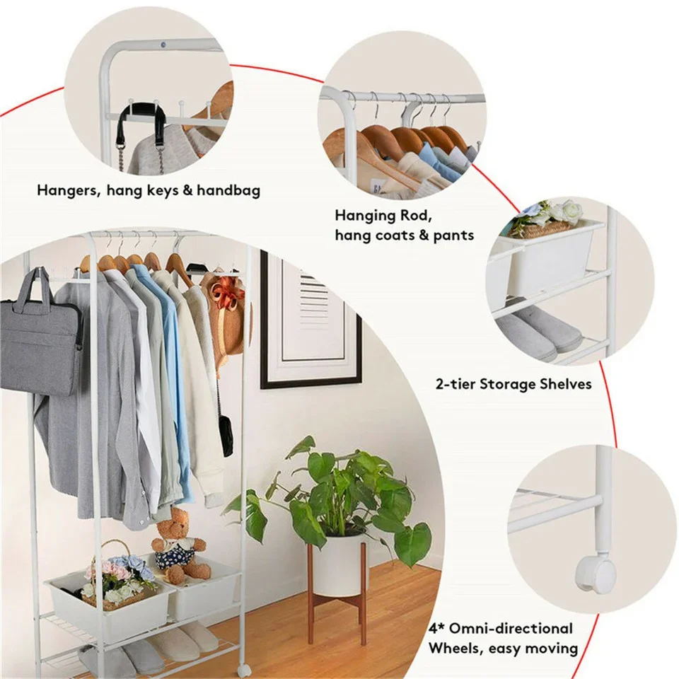 2Tier Rolling Free-Standing Clothing Garment Rack Closet Organizer Open Wardrobe - Image 10