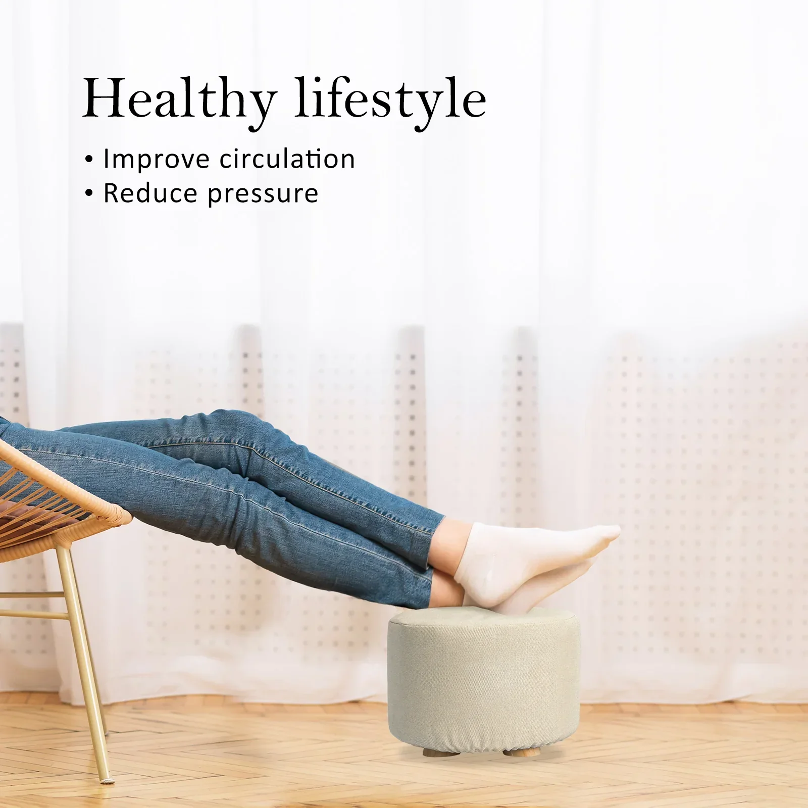 2X Fabric Ottoman Round Wooden Leg Foot Stool - BEIGE - Image 3