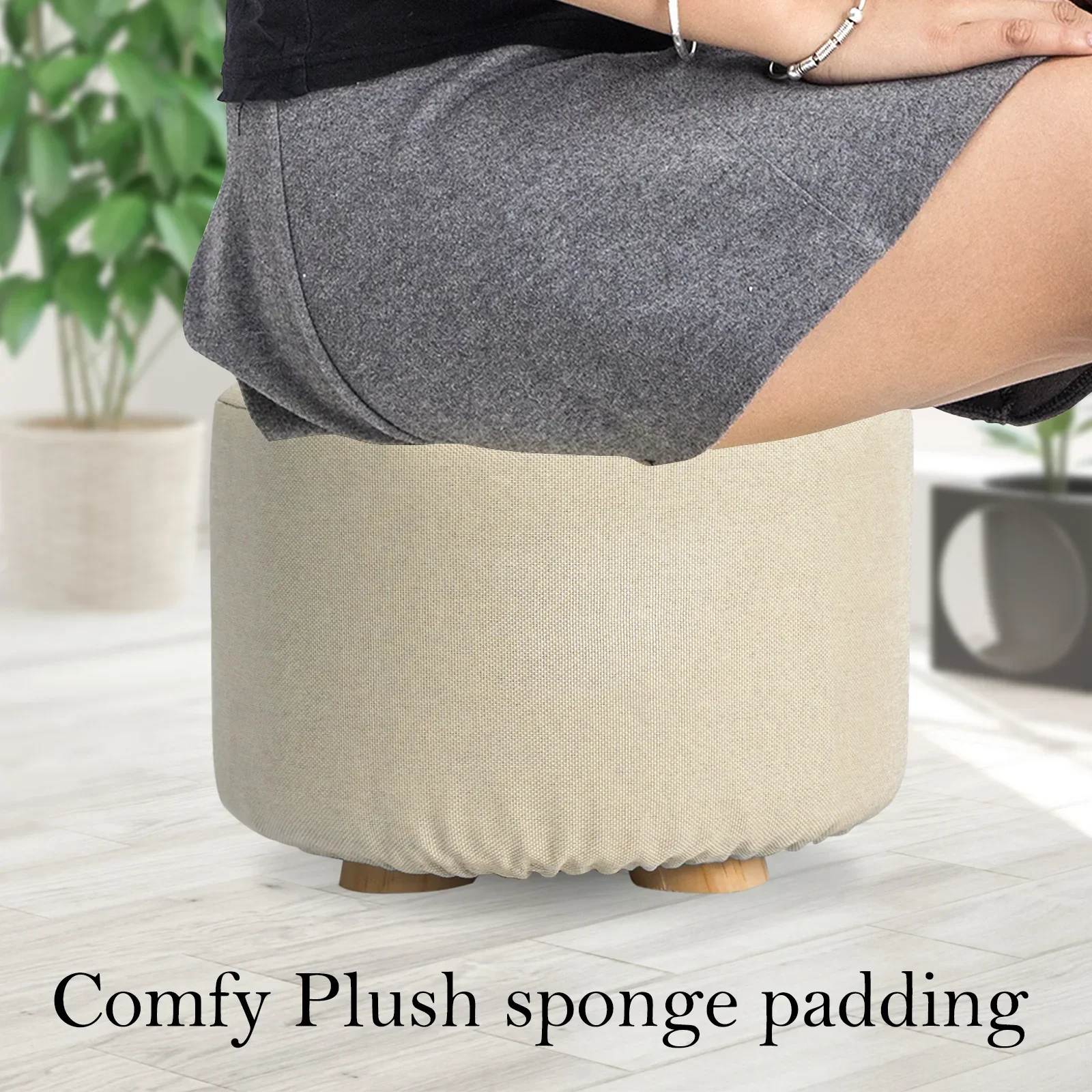 2X Fabric Ottoman Round Wooden Leg Foot Stool - BEIGE - Image 5