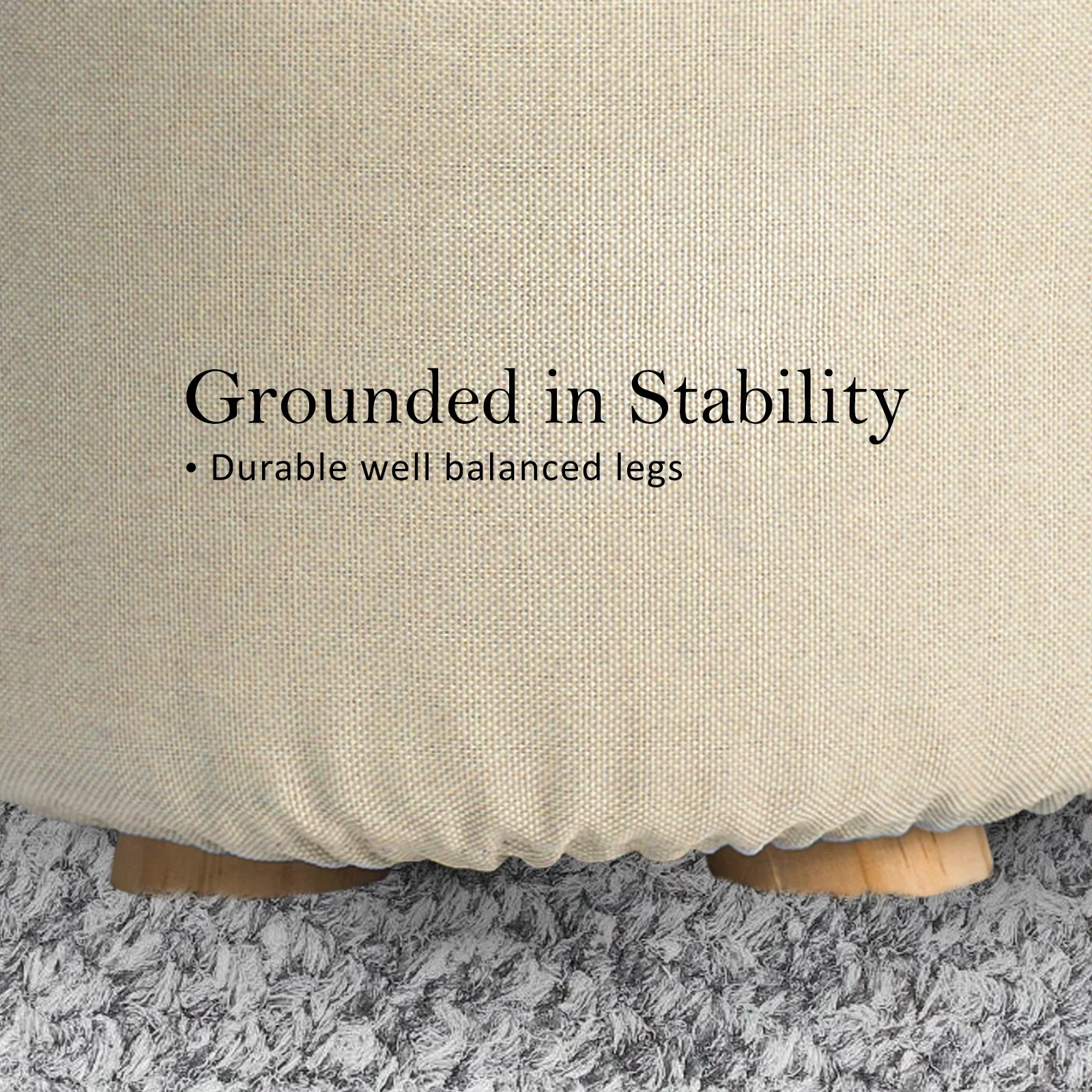 2X Fabric Ottoman Round Wooden Leg Foot Stool - BEIGE - Image 9