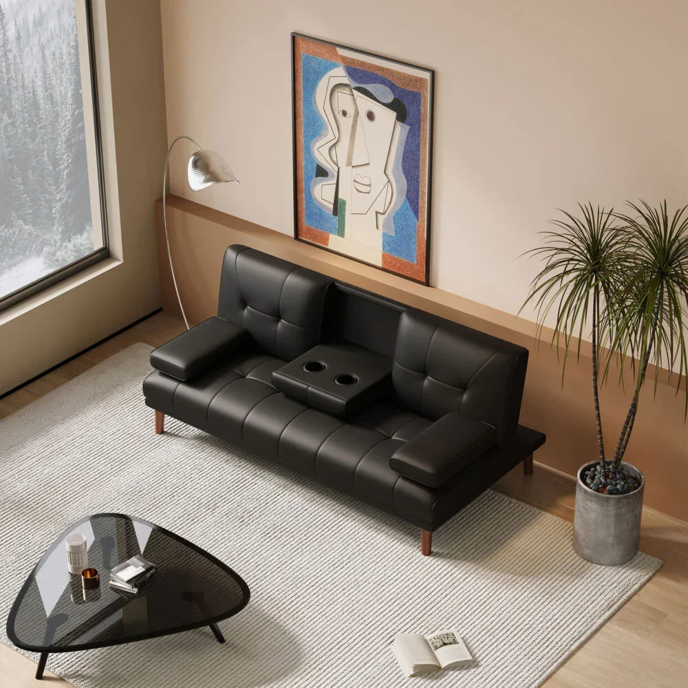 3 Seater Adjustable Sofa Bed With Cup Holder Black - Image 4