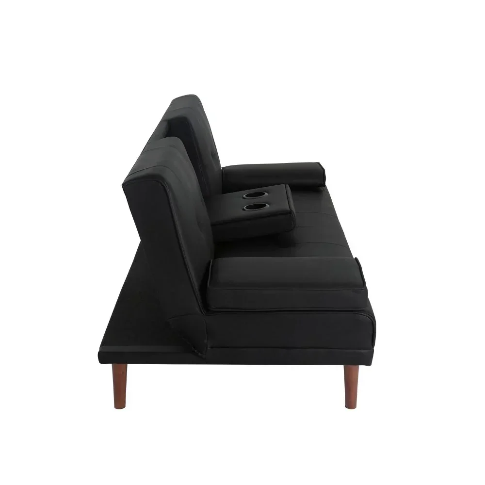 3 Seater Adjustable Sofa Bed With Cup Holder Black - Image 7