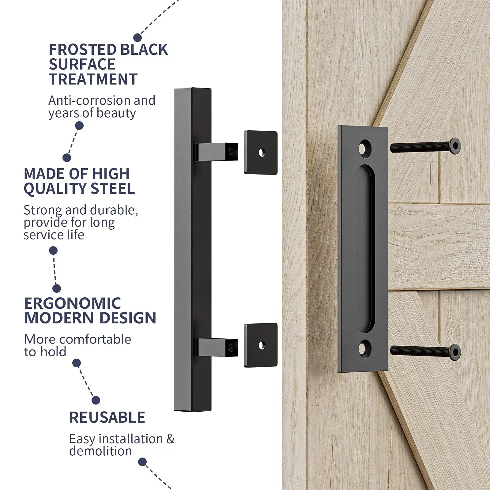 30cm Pull and Flush Barn Door Handle Square Handles set of Frosted Black Surface Square - Image 3
