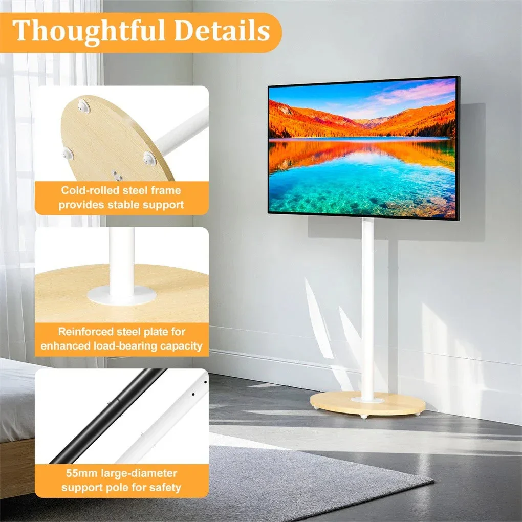 40-75 Inches Rolling TV Floor Stand Heavy Duty Steel TV Cart Mount with Hidden Wheels, Height Adjustable Free-Standing TV Bracket with Wooden Base for Flat Screen TVs - Image 5
