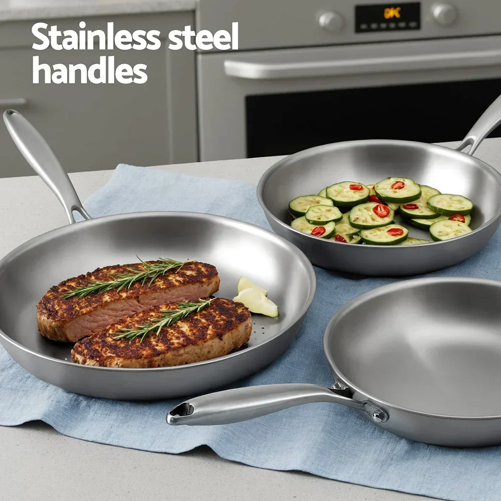 Frying Pan Stainless Steel Uncoated Twin Frypan Set 25/30cm Silver - Image 3