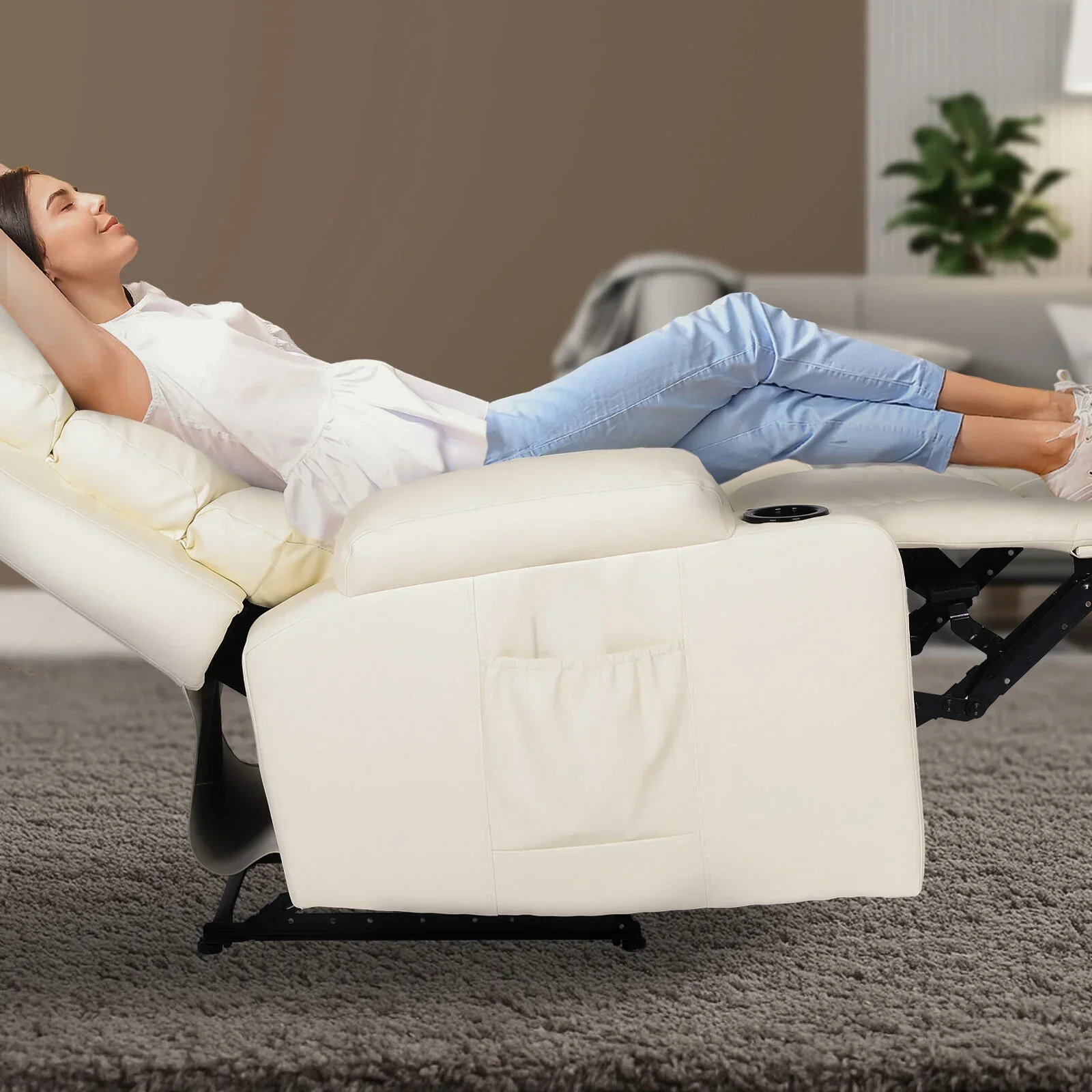 8-Point Electric Massage Recliner Chair - PU Leather Lounge Sofa Armchair CELINA CREAM - Image 3