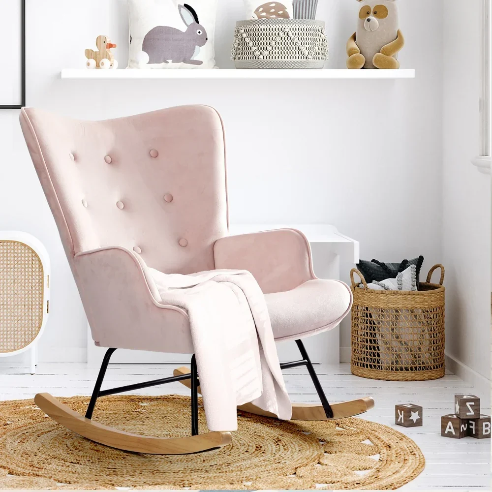 Rocking Chair Nursing Armchair Velvet Accent Chairs Upholstered Pink - Image 4