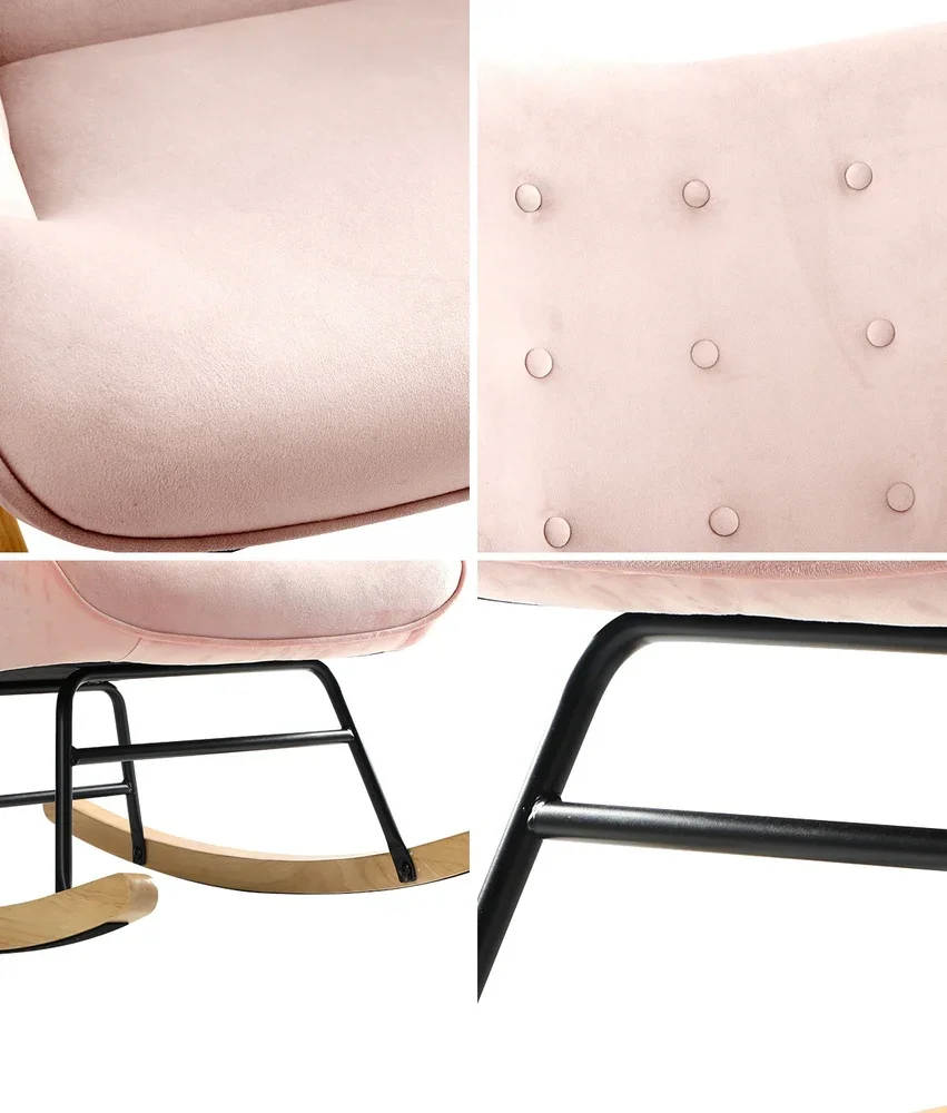 Rocking Chair Nursing Armchair Velvet Accent Chairs Upholstered Pink - Image 5