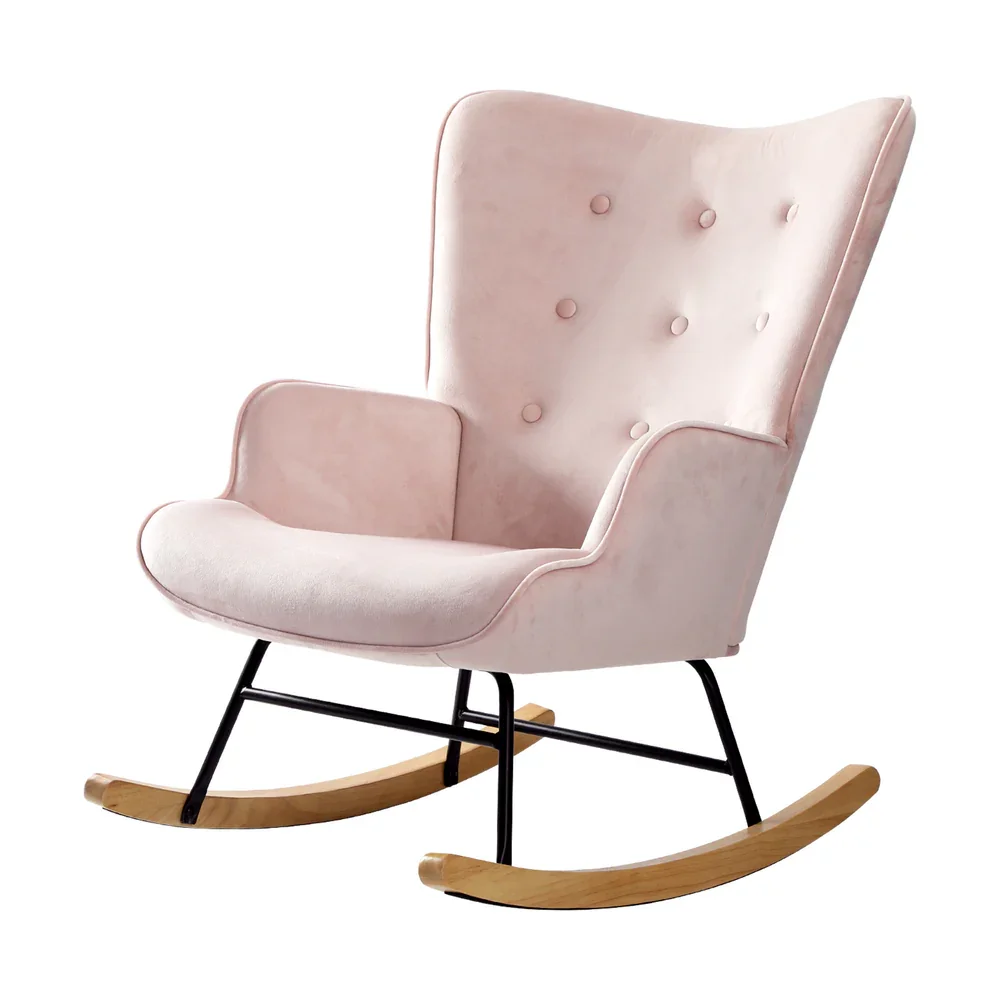 Rocking Chair Nursing Armchair Velvet Accent Chairs Upholstered Pink - Image 8