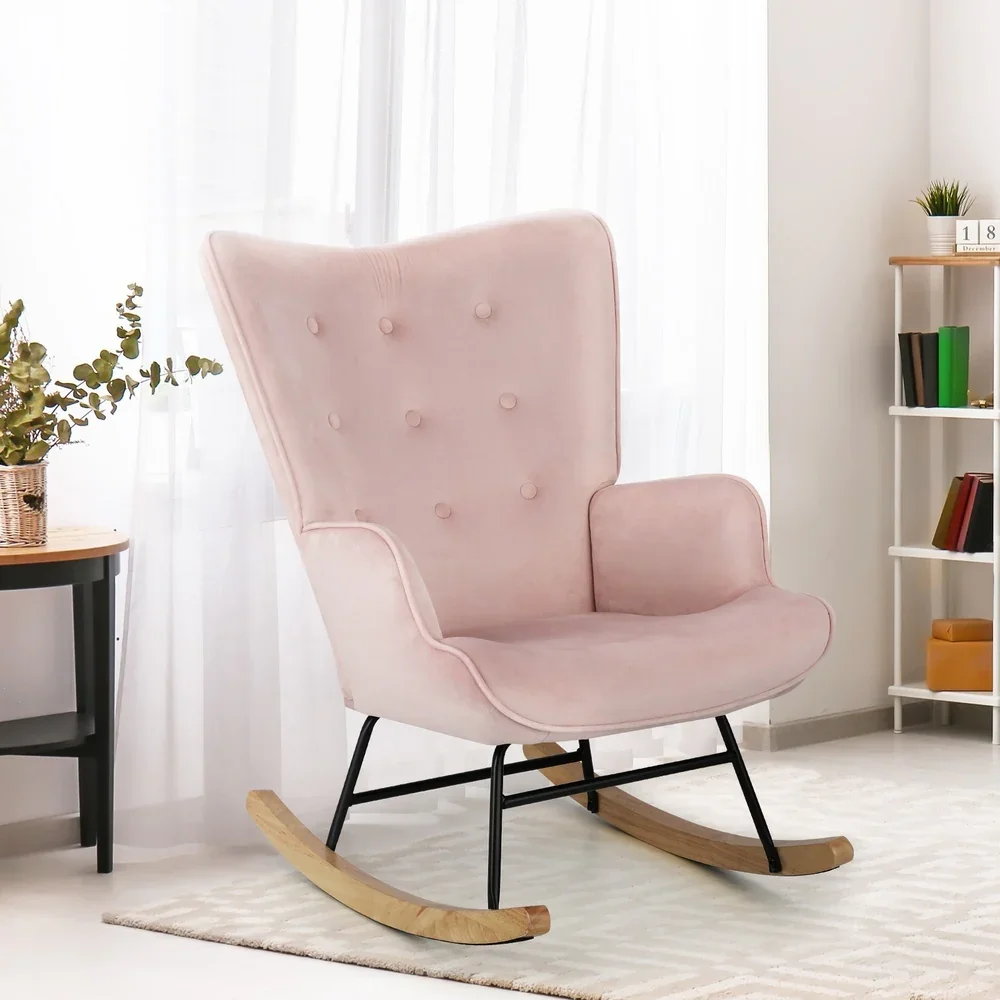 Rocking Chair Nursing Armchair Velvet Accent Upholstered Pink - Image 7