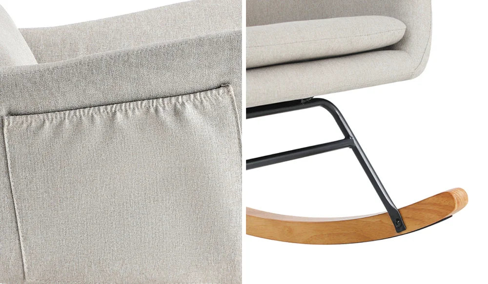 Rocking Chair Nursing Armchair Linen Accent Chairs With 2 Pillow Beige - Image 10