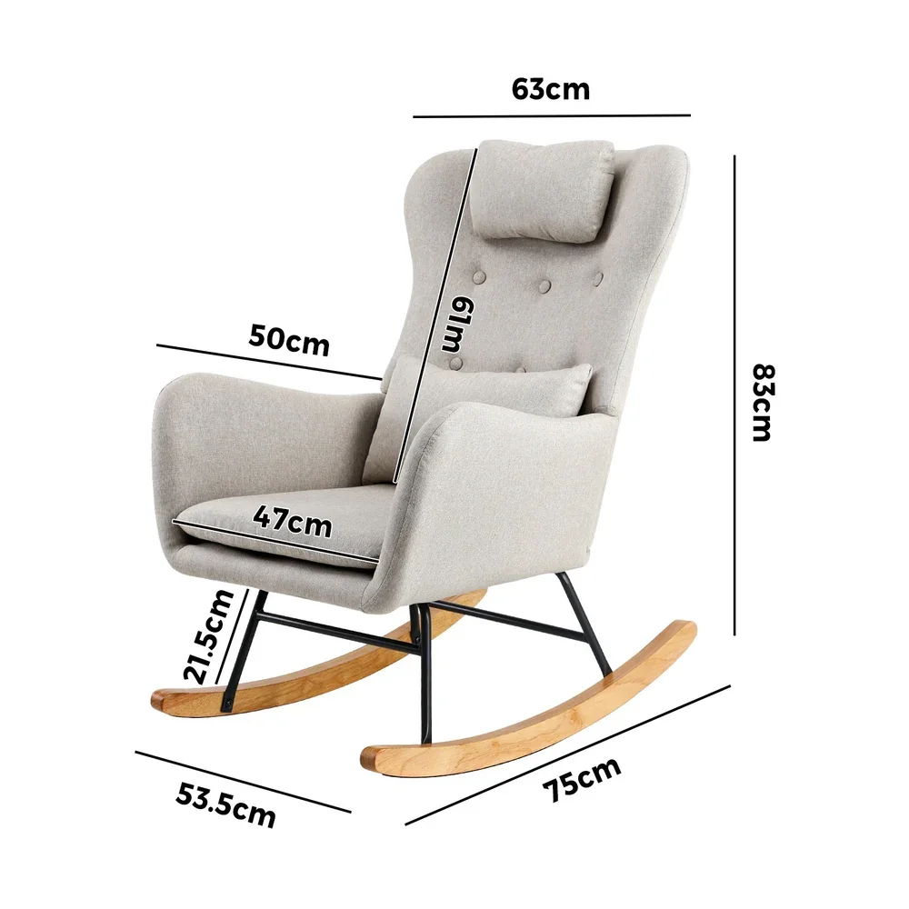 Rocking Chair Nursing Armchair Linen Accent Chairs With 2 Pillow Beige - Image 4