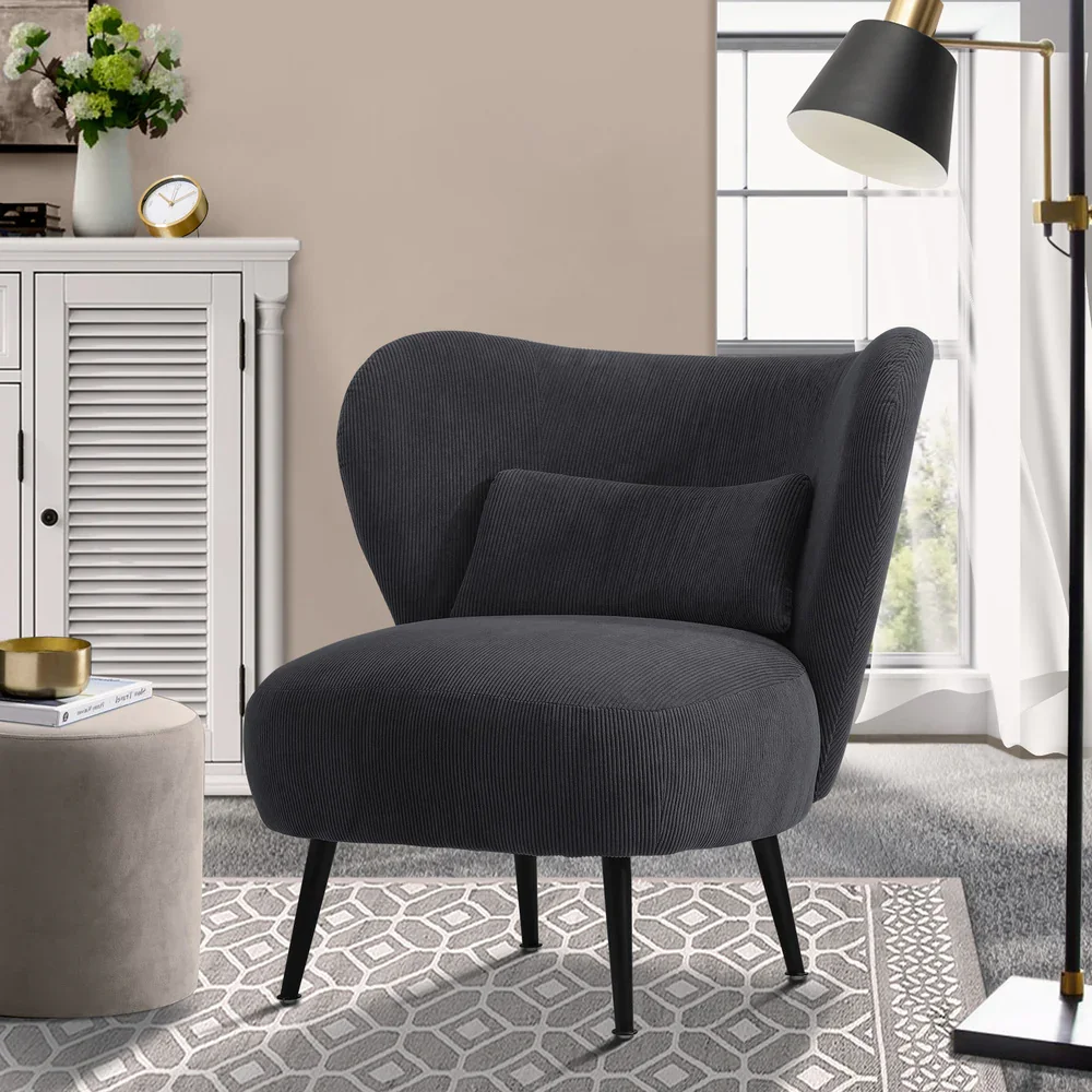 Lounge Chair with Lumbar Pillow Wingback Corduroy Velvet Charcoal