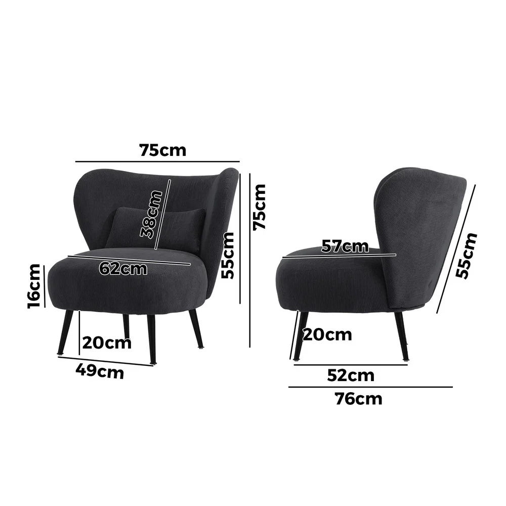 Lounge Chair with Lumbar Pillow Wingback Corduroy Velvet Charcoal - Image 5