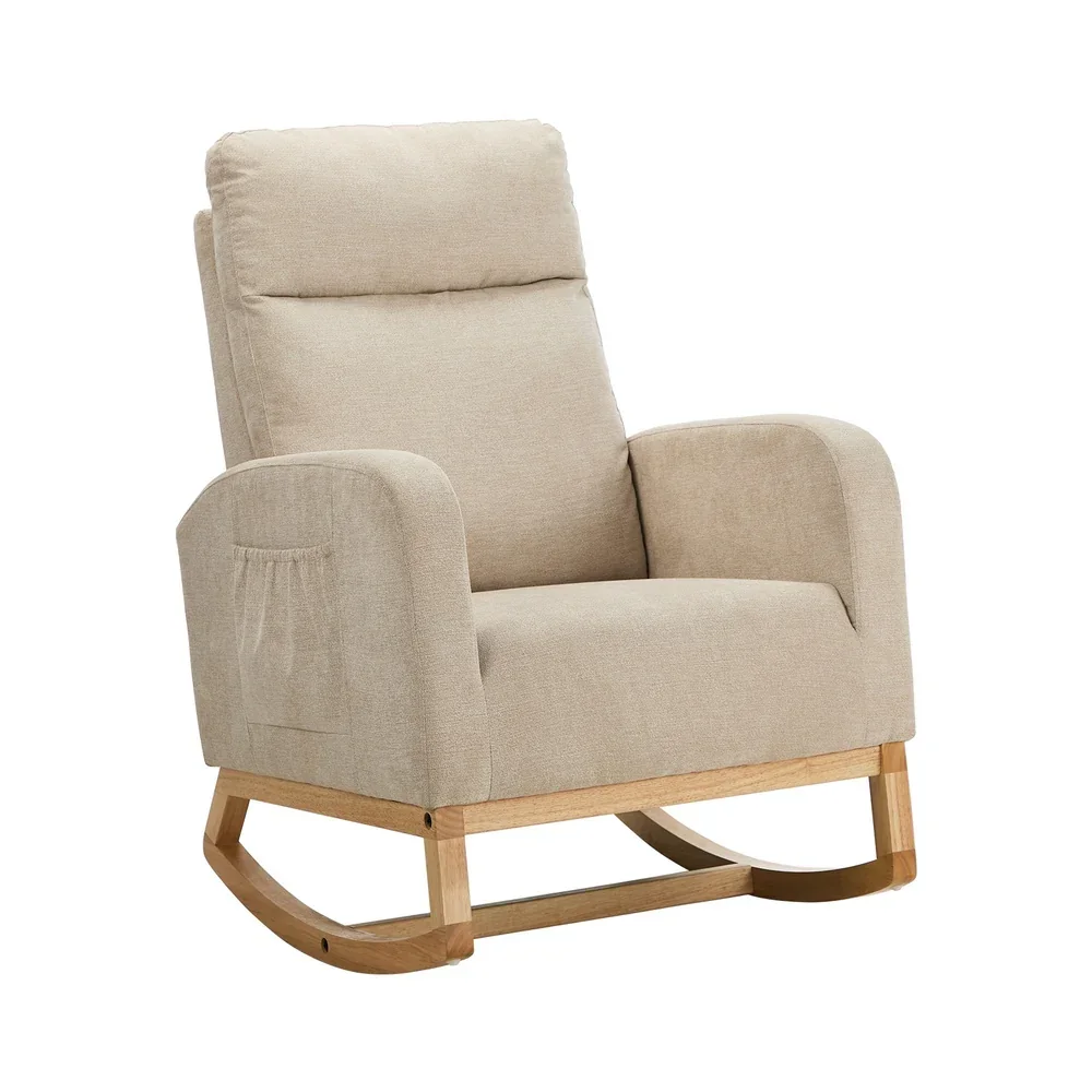 Rocking Armchair Linen Fabric Lounge Chair Accent Chair Beige - Image 3