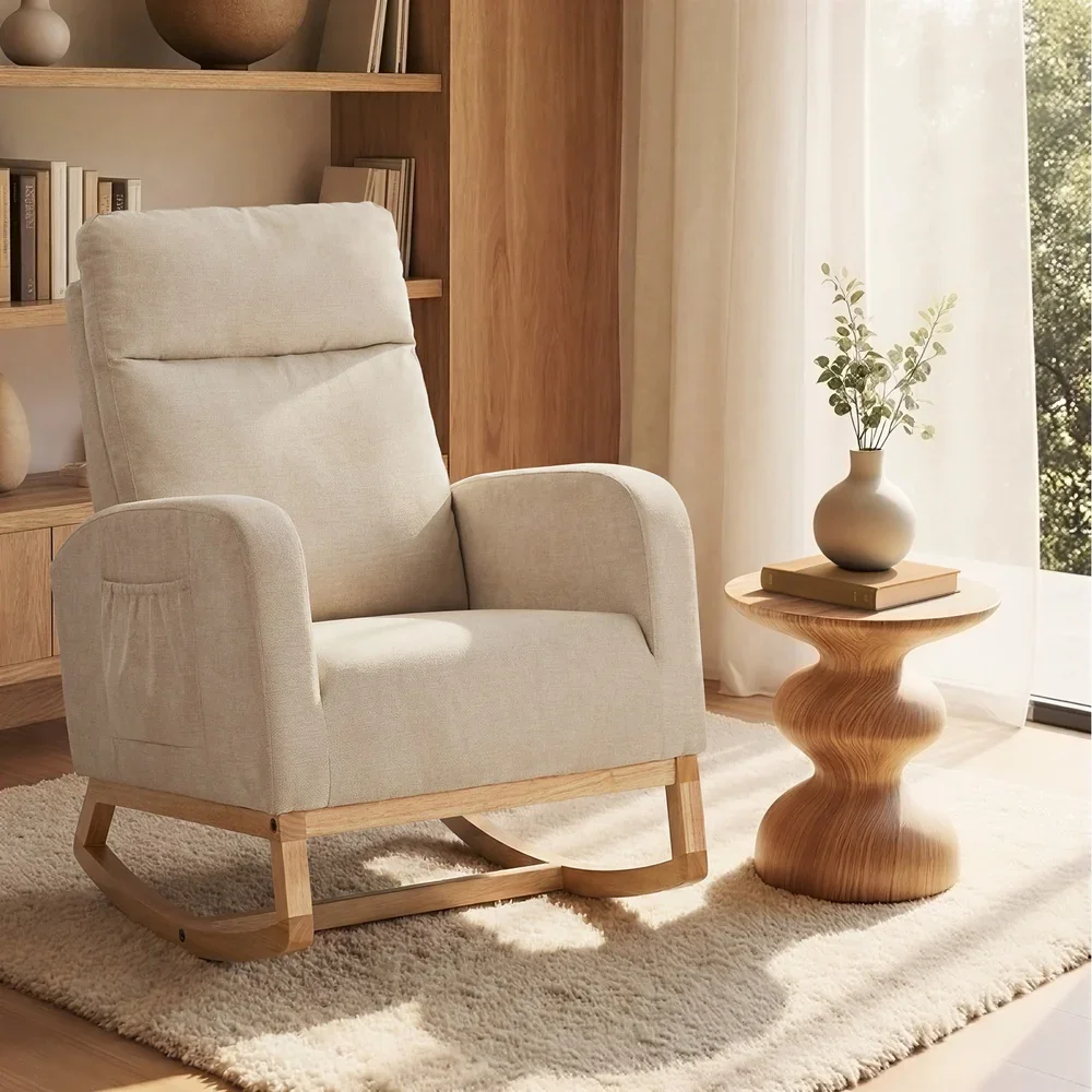 Rocking Armchair Linen Fabric Lounge Chair Accent Chair Beige - Image 7