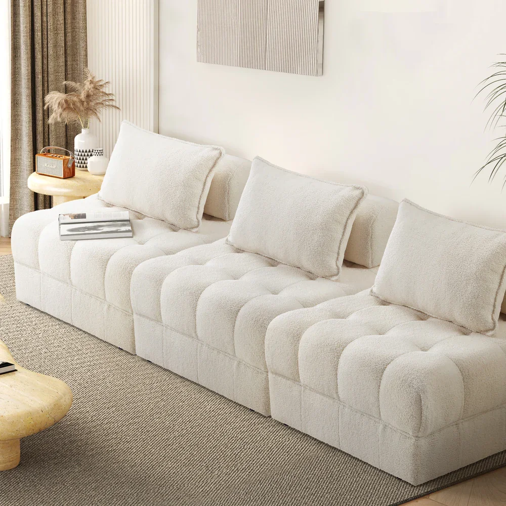 3 Seater Boucle Modular Sofa Lounge Chair Armless White - Image 7