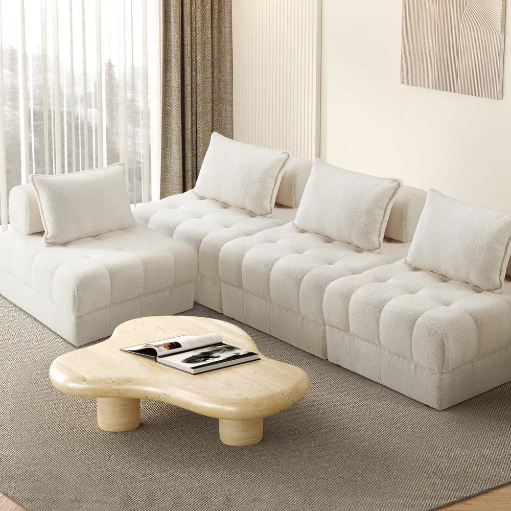 4 Seater Boucle Modular Sofa Lounge Chair Armless White - Image 6
