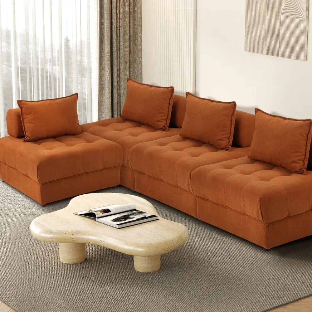4 Seater Velvet Modular Sofa Lounge Chair with Backrest Brown - Image 7