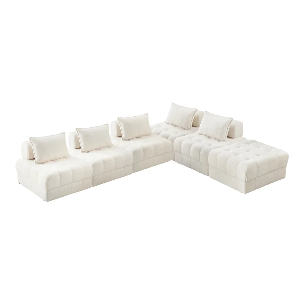 6 Seater Boucle Modular Sofa & Ottoman Set Armless White