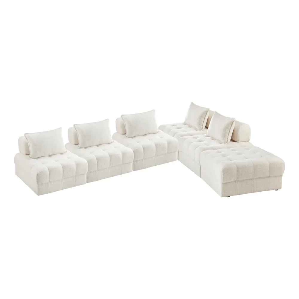 6 Seater Boucle Modular Sofa & Ottoman Set Armless White - Image 6