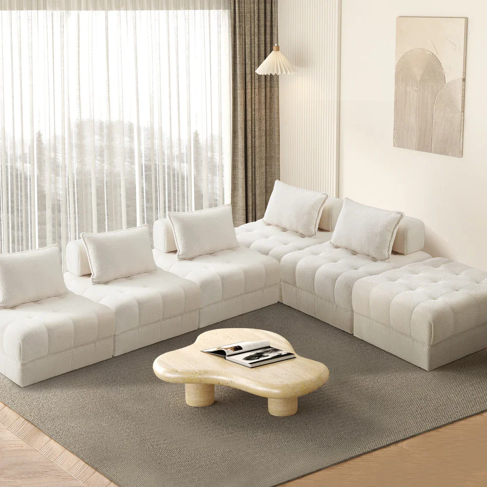 6 Seater Boucle Modular Sofa & Ottoman Set Armless White - Image 8