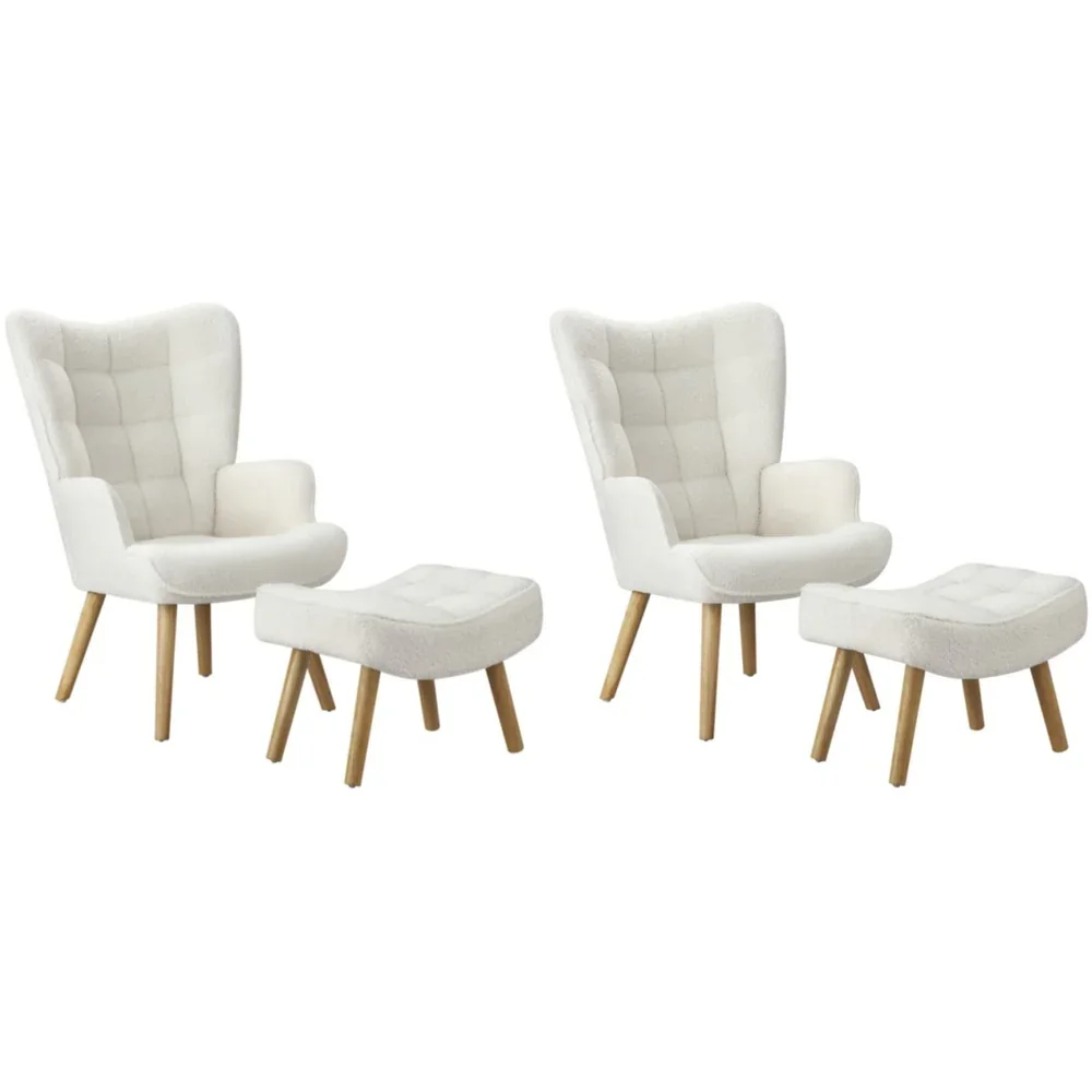 2x Armchair Lounge Chair Ottoman Sherpa Sofa White