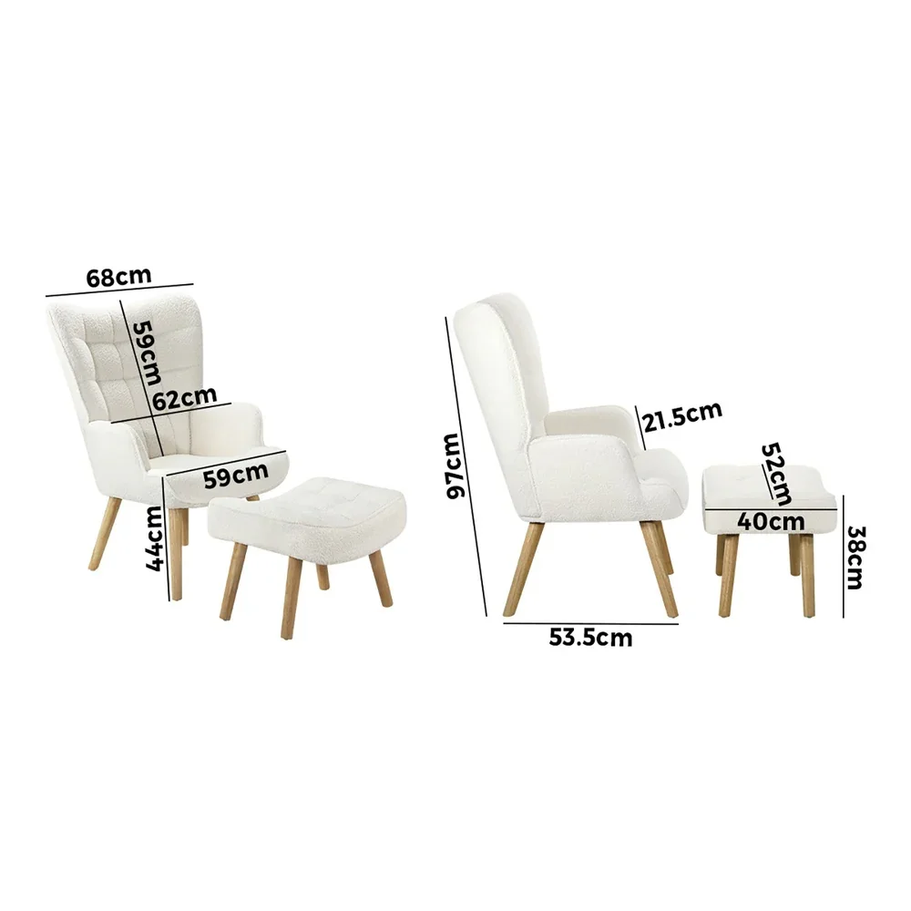2x Armchair Lounge Chair Ottoman Sherpa Sofa White - Image 2