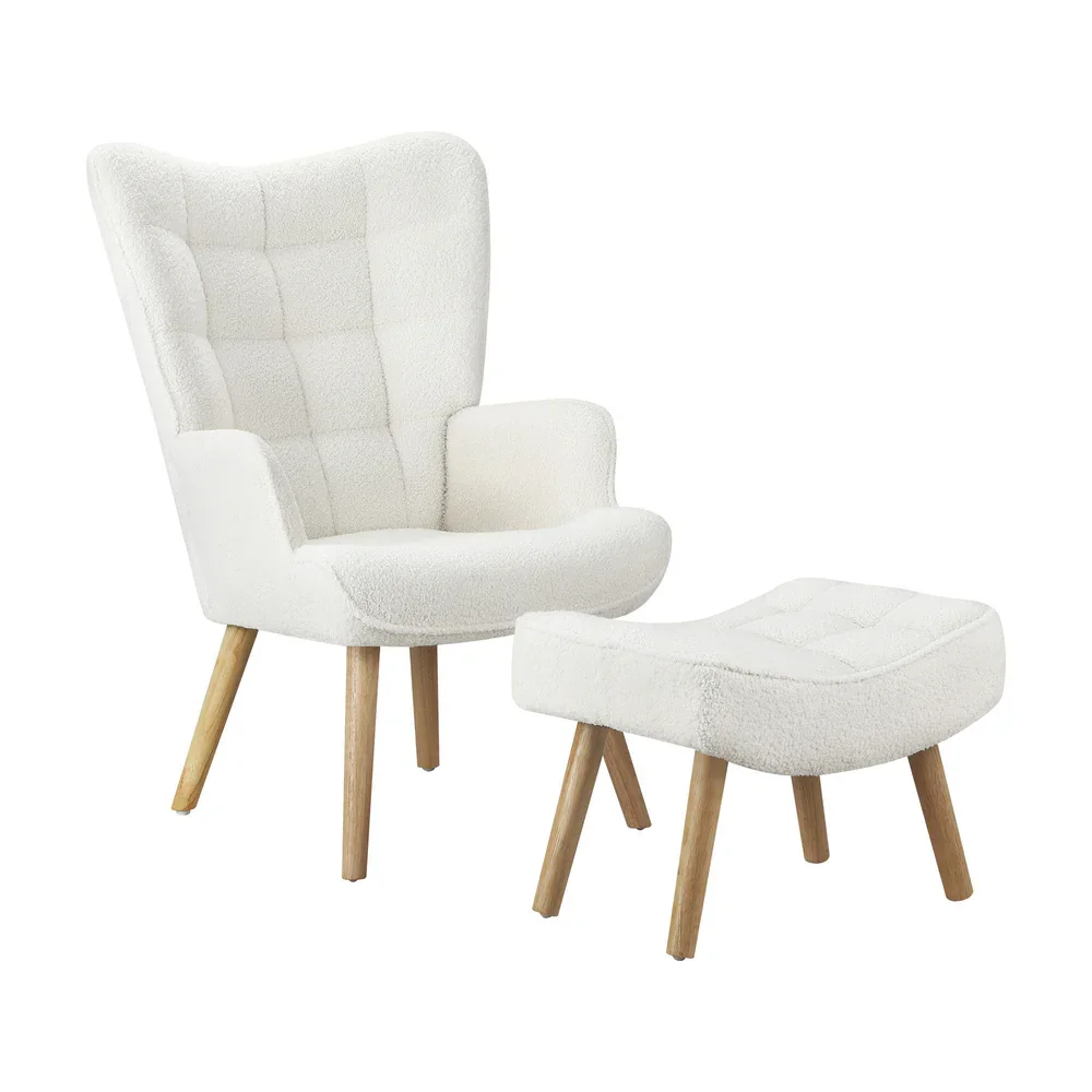 2x Armchair Lounge Chair Ottoman Sherpa Sofa White - Image 6
