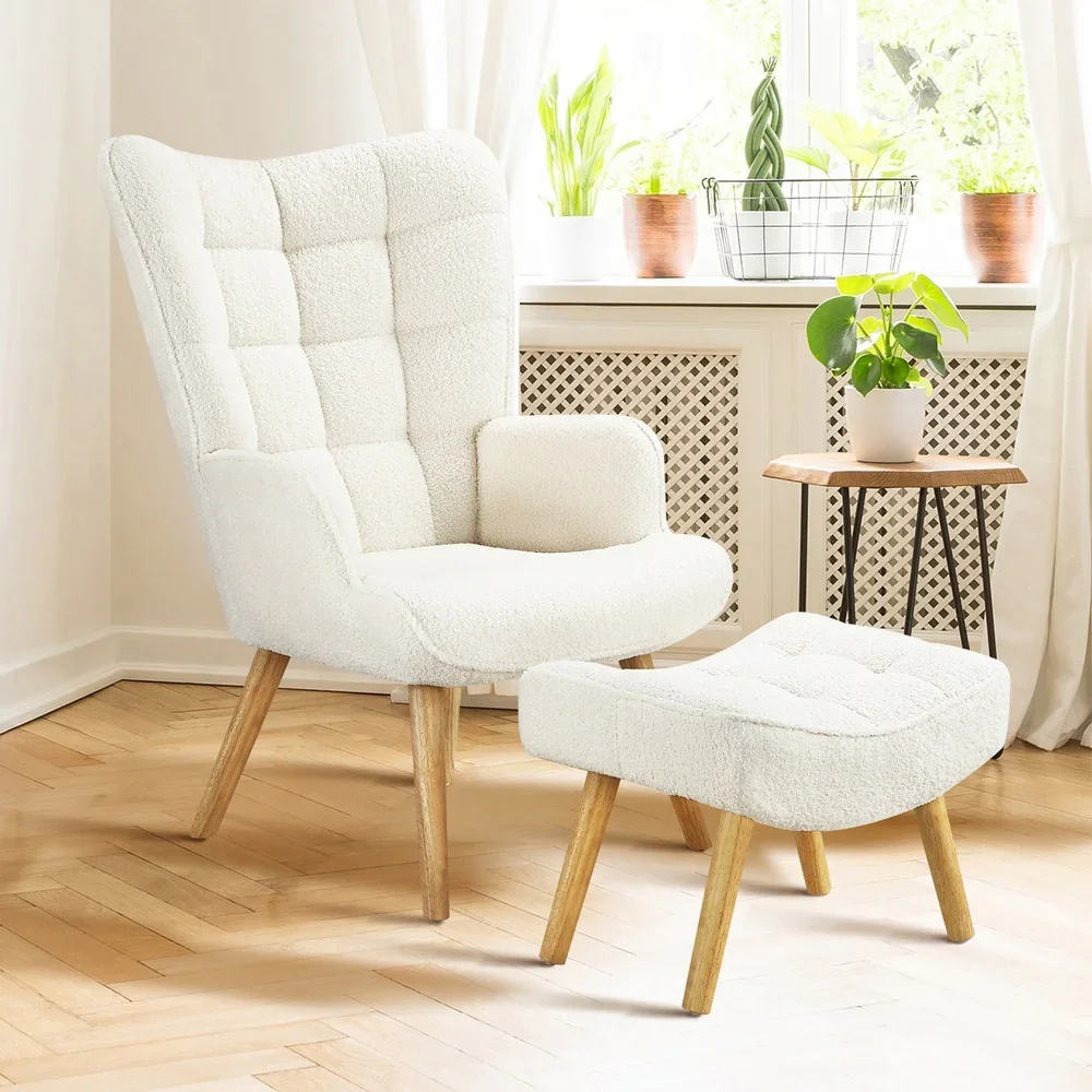 2x Armchair Lounge Chair Ottoman Sherpa Sofa White - Image 7