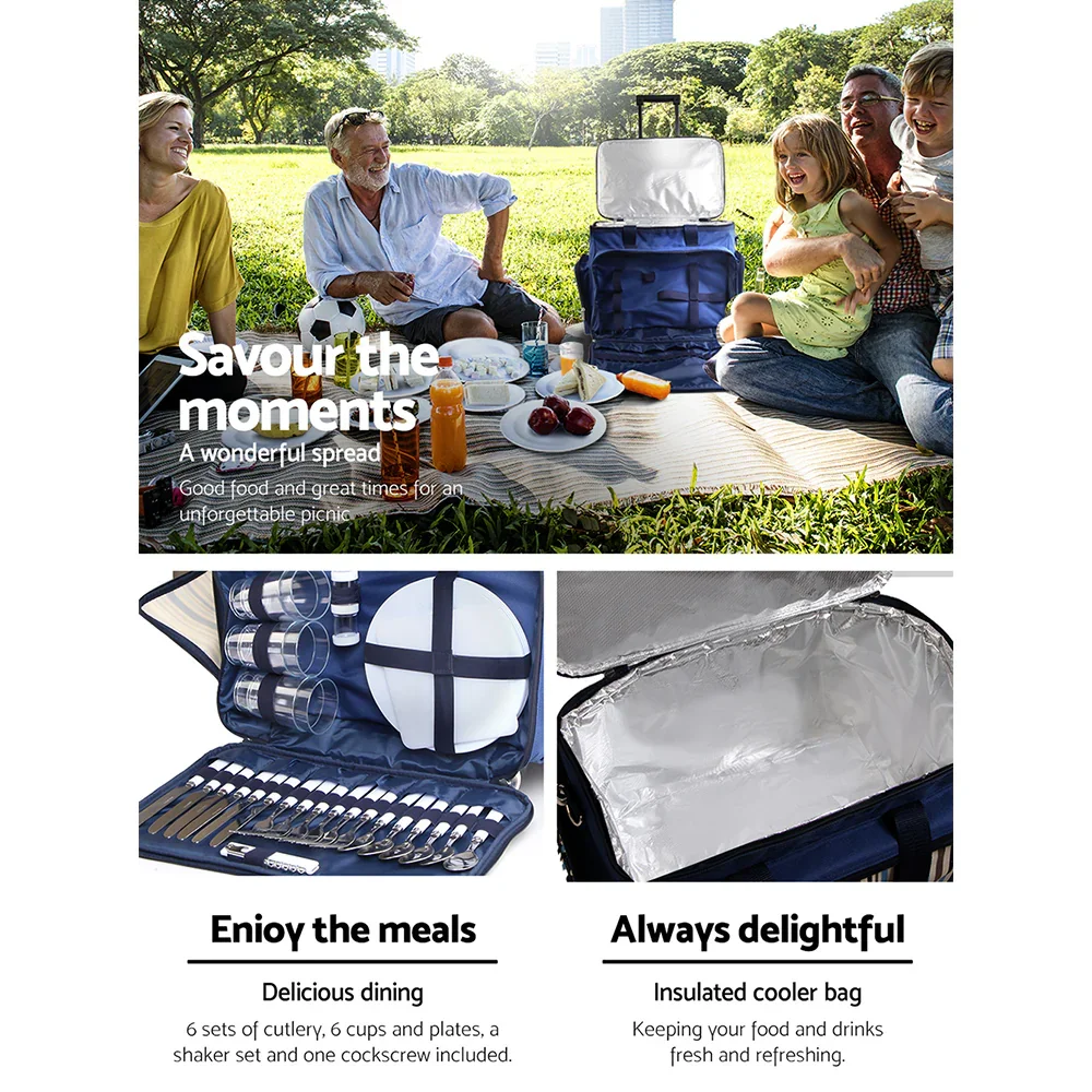 6 Person Picnic Basket Set Bag Wheels Insulated Trolley - Image 3