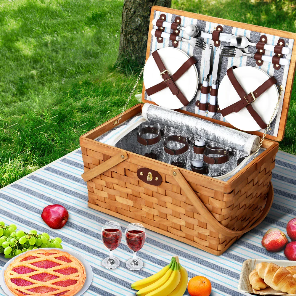 4 Person Picnic Basket Set Wooden Blanket Bag Insulated - Image 7