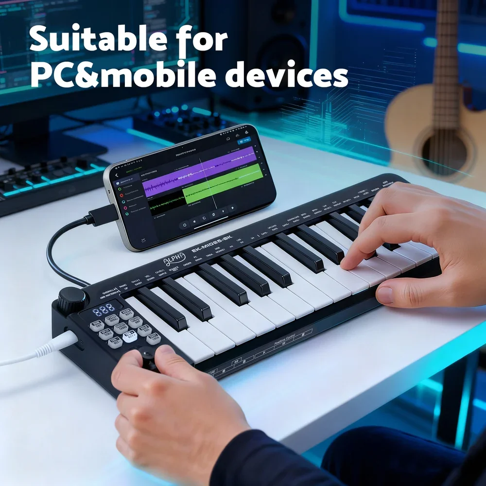 25-Key MIDI Keyboard Controller Portable USB Laptop Black - Image 4