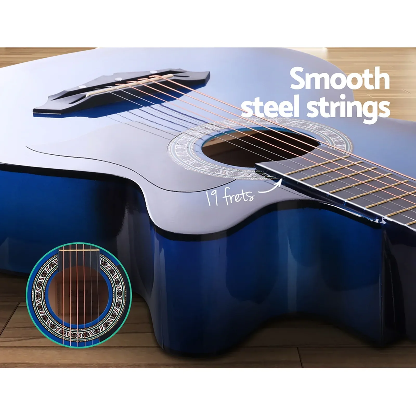 38 Inch Acoustic Guitar Wooden Body Steel String Full Size w/ Stand Blue - Image 7