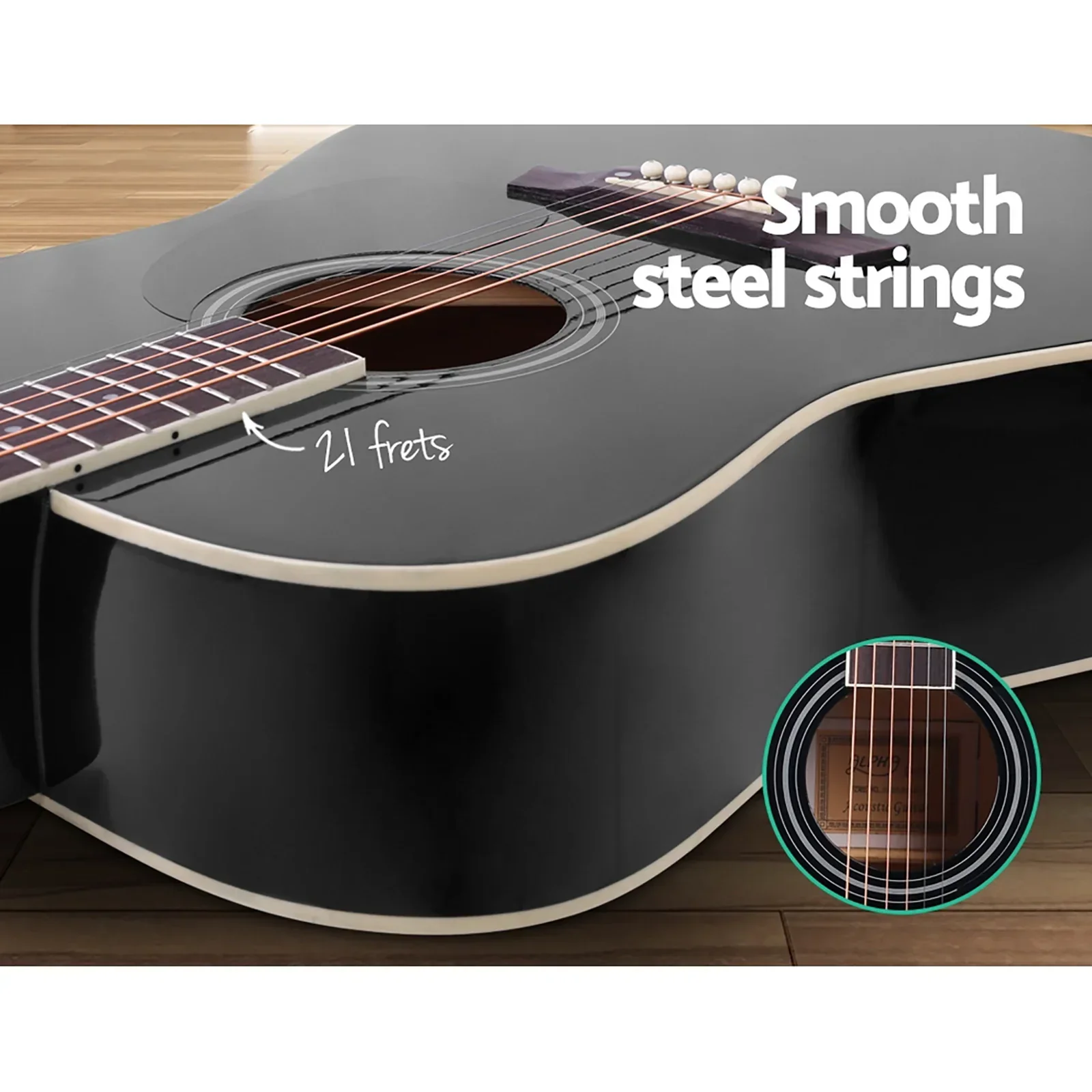 41 Inch Acoustic Guitar Wooden Body Steel String Dreadnought Stand Black - Image 4