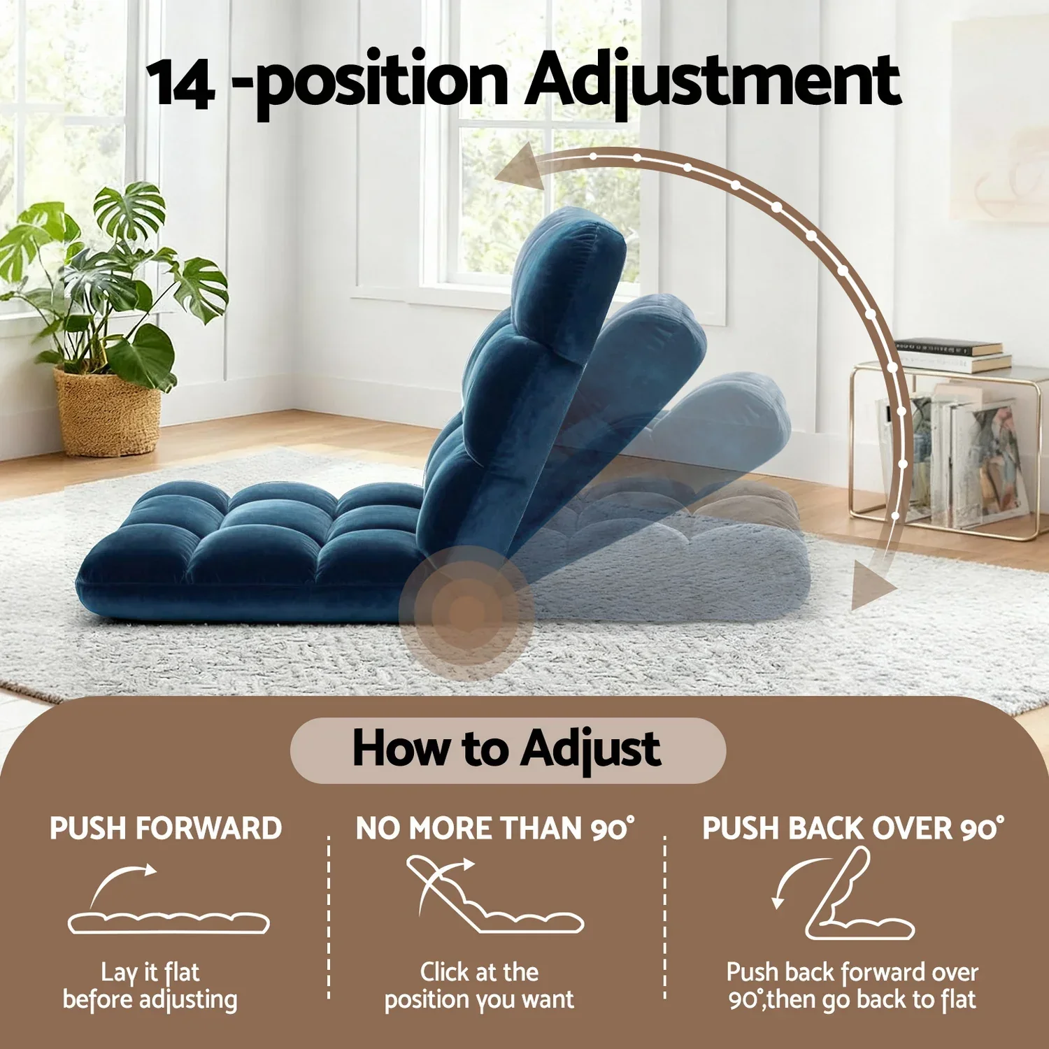 2PCS Floor Lounge Sofa Bed Flannel Fabric Navy - Image 2