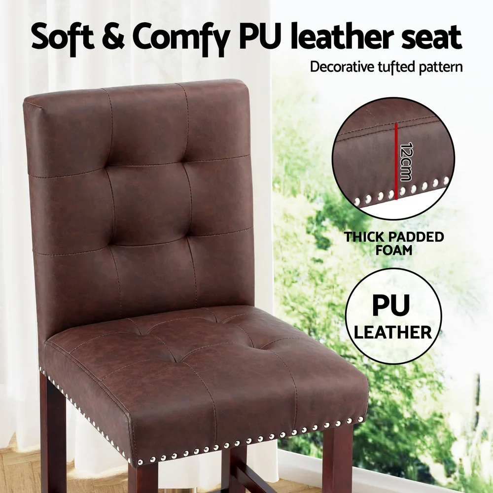 2x Bar Stools Kitchen Dining Chairs Counter PU Leather Wooden Ada Brown - Image 3