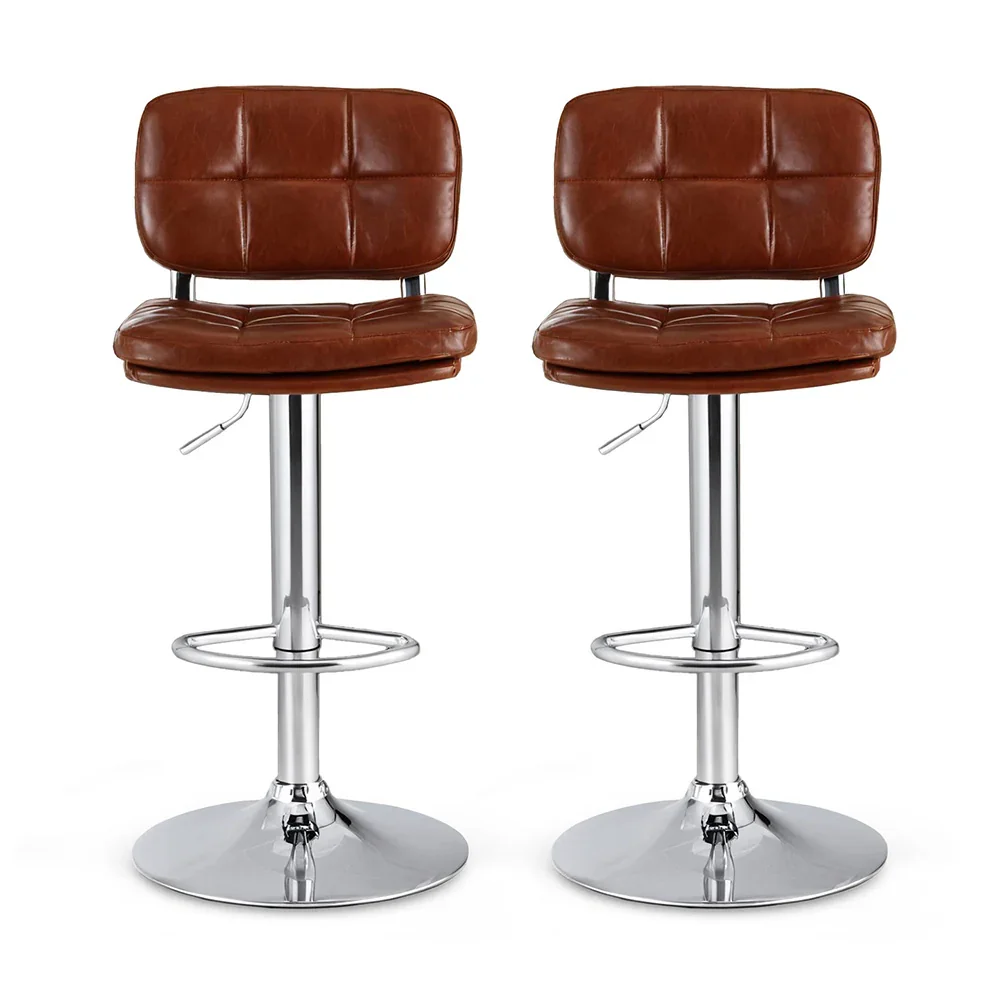 2x Bar Stools Kitchen Swivel Gas Lift Counter Chair Tuft PU Leather Brown - Image 3