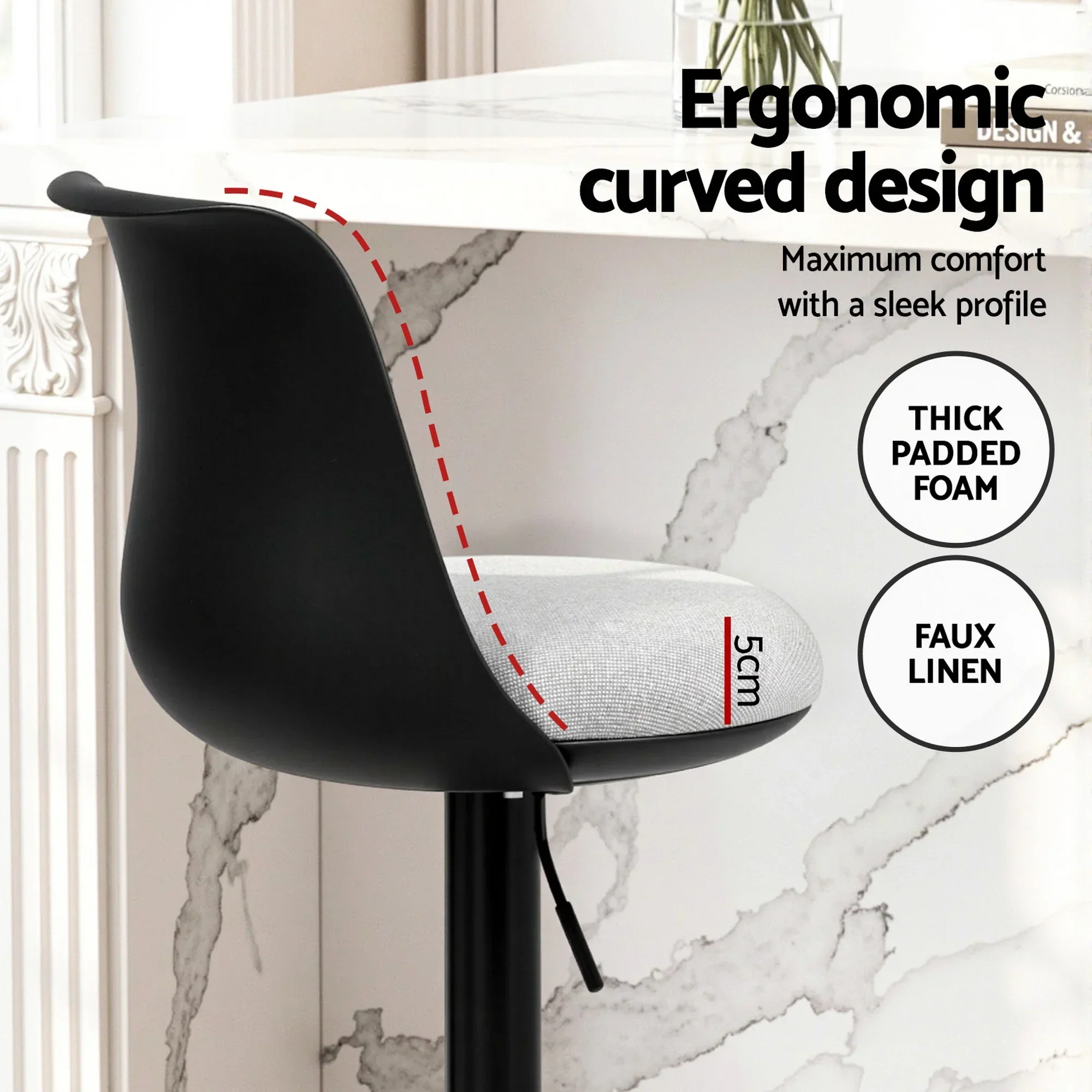 2x Bar Stools Kitchen Swivel Gas Lift Counter Dining Chair Curved Black - Image 3